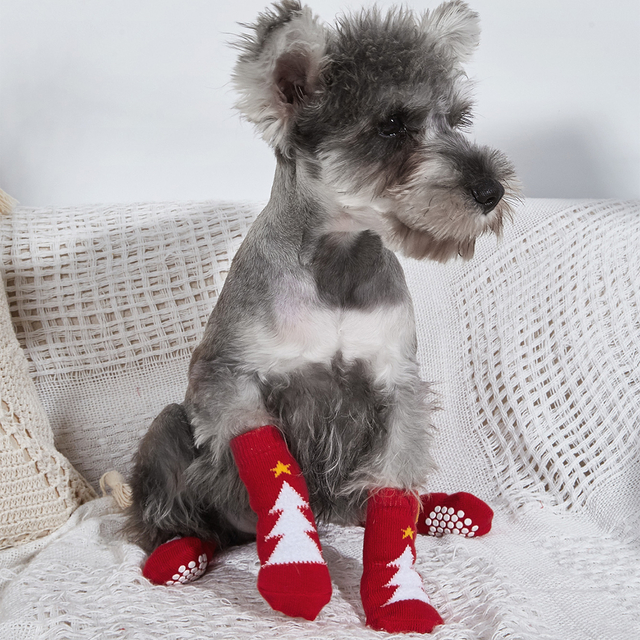 Huisdier Antislip Gebreide Kerst Hond Sokken Kat Sokken met Rubberen Versterking Hond Poot Protector voor kleine honden katten 4 stks/pakket