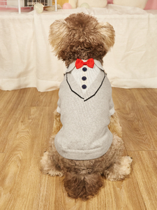 Dog Sweater Pet Lapel Sweater Knitted Design Dog Jacket Pet Winter Clothes Small Dog Warm Pullover Bow Tie Light Gray