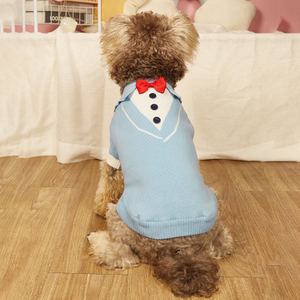 Dog Sweater Pet Lapel Sweater Knitted Design Dog Jacket Pet Winter Clothes Small Dog Warm Pullover Bow Tie Blue