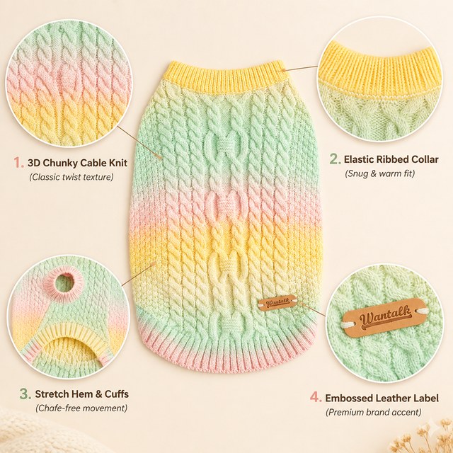 Custom Pastel Rainbow Ombre Cable Knit Dog Sweater