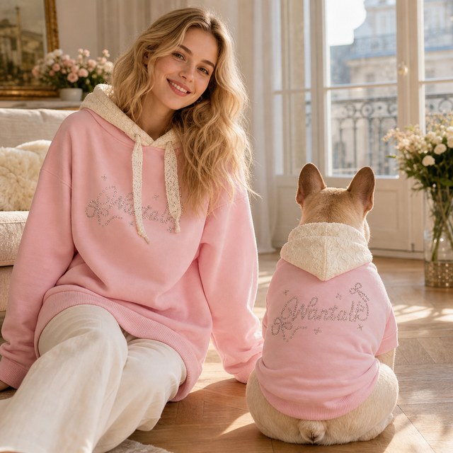 Custom Lace Hooded Dog Sweatshirt with Rhinestone Detail