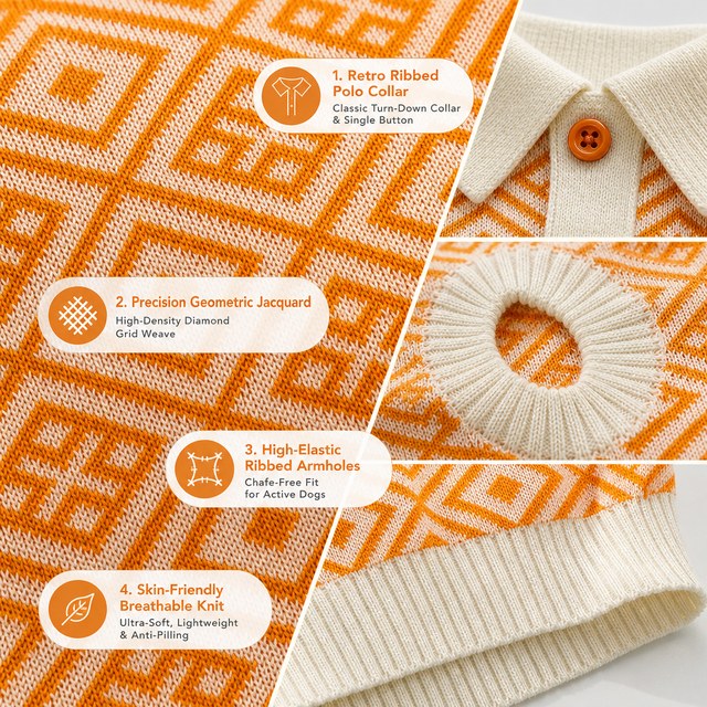 Custom Polo Neck Knitted Dog Sweater Orange Animal Pattern