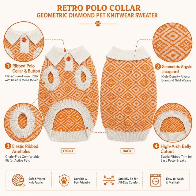 Custom Polo Neck Knitted Dog Sweater Orange Animal Pattern