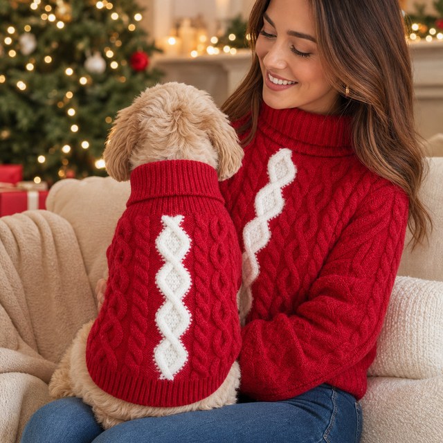 Custom Diamond Intarsia Knitted Dog Sweater Red Holiday