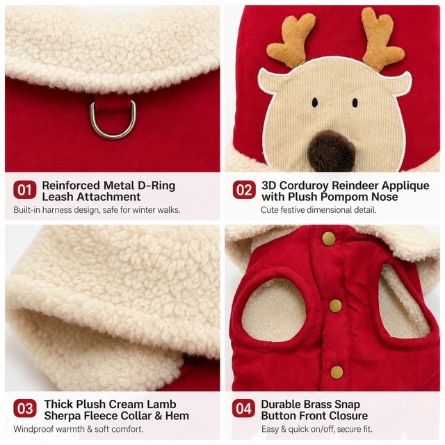 Custom 3D Reindeer Sherpa Fleece Pet Vest with D-Ring