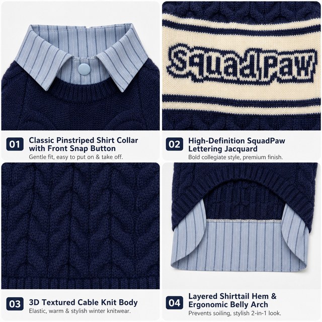 Custom Preppy 2-in-1 Cable Knit Dog Sweater with Shirt Collar