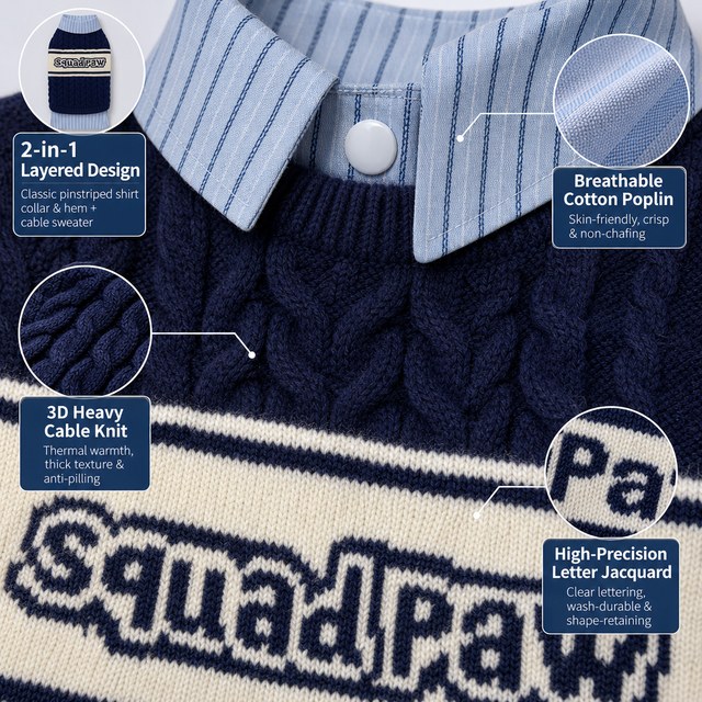 Custom Preppy 2-in-1 Cable Knit Dog Sweater with Shirt Collar
