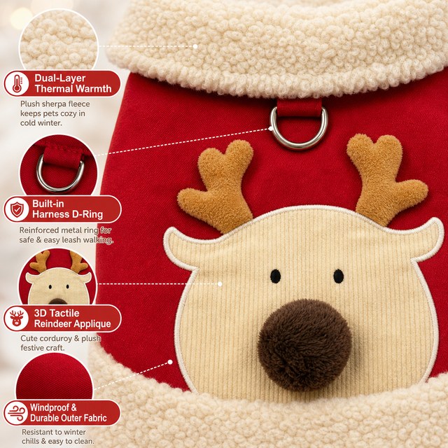Custom 3D Reindeer Sherpa Fleece Pet Vest with D-Ring
