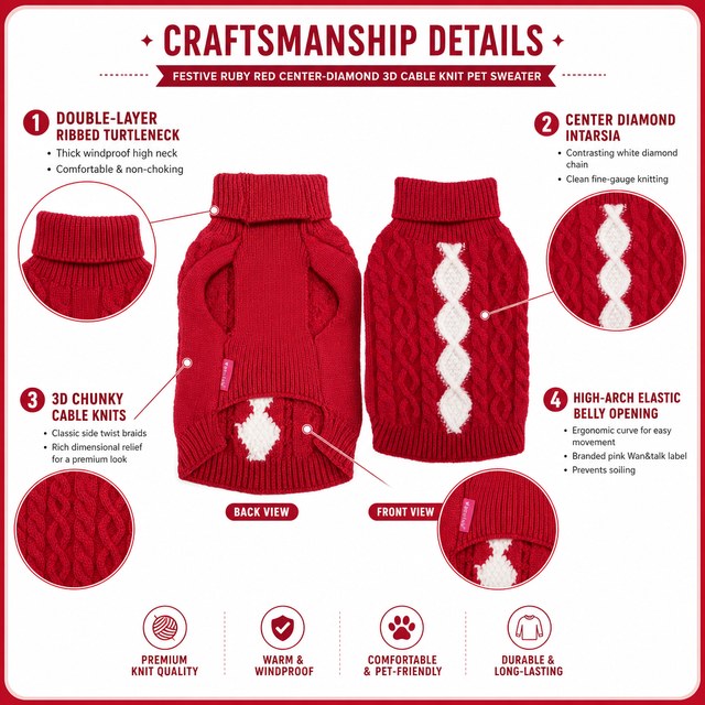 Custom Diamond Intarsia Knitted Dog Sweater Red Holiday