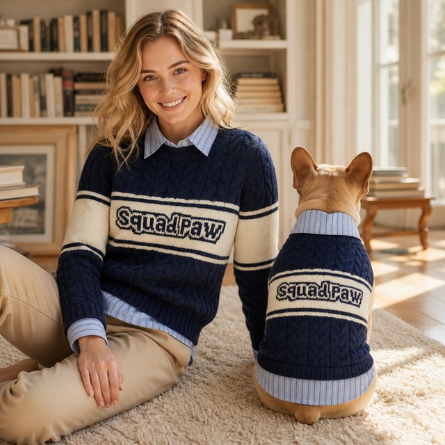 Custom Preppy 2-in-1 Cable Knit Dog Sweater with Shirt Collar