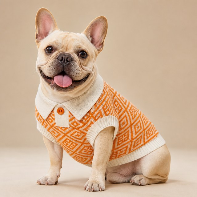 Custom Polo Neck Knitted Dog Sweater Orange Animal Pattern